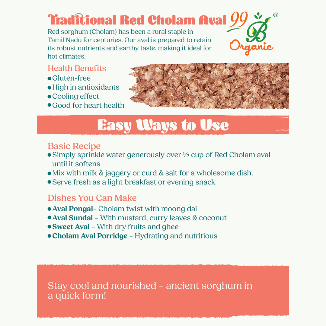 Organic red cholam poha sorghum flakes 200g gluten free breakfast by 99B Organic