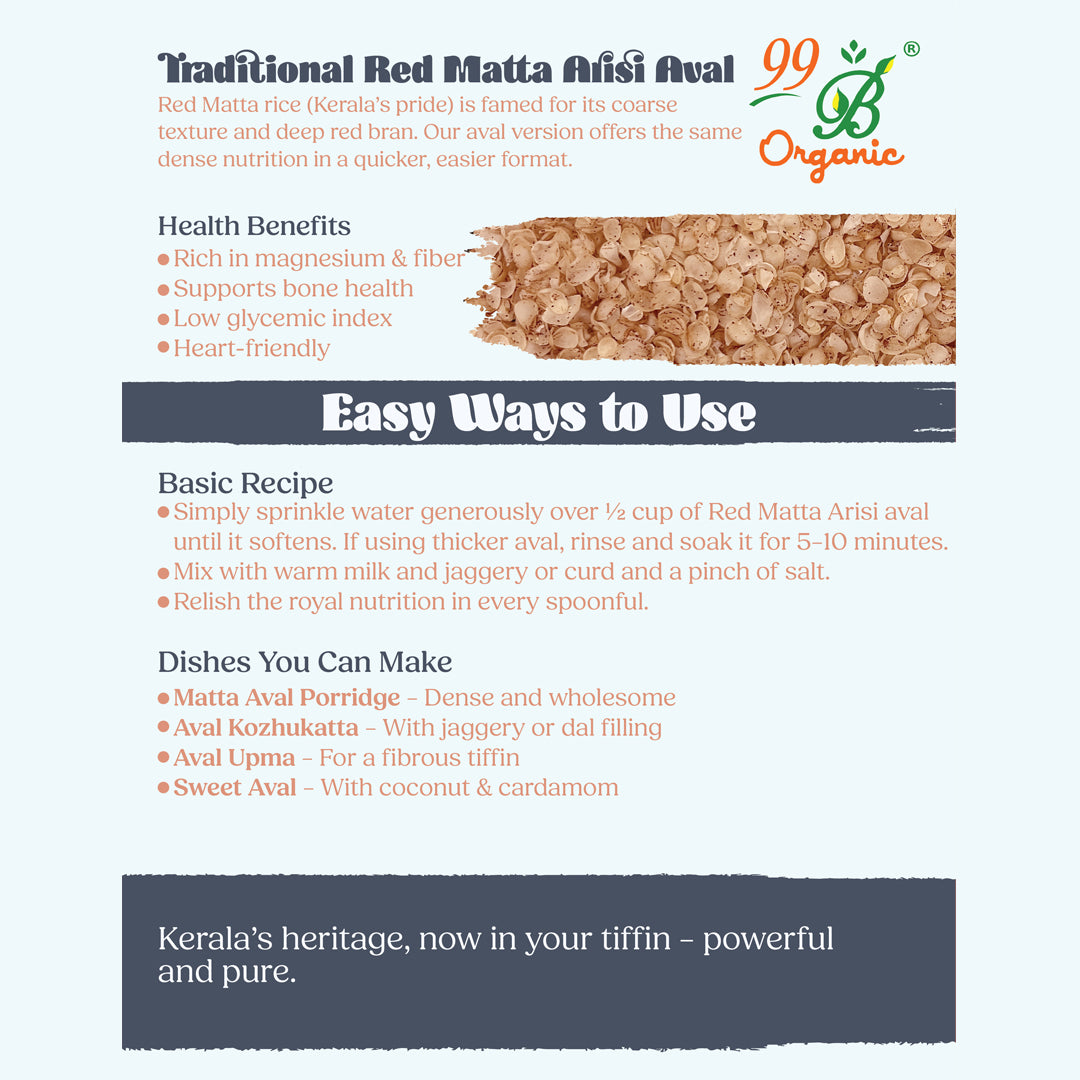 Organic red matta arisi poha Kerala rice flakes 200g traditional breakfast by 99B Organic