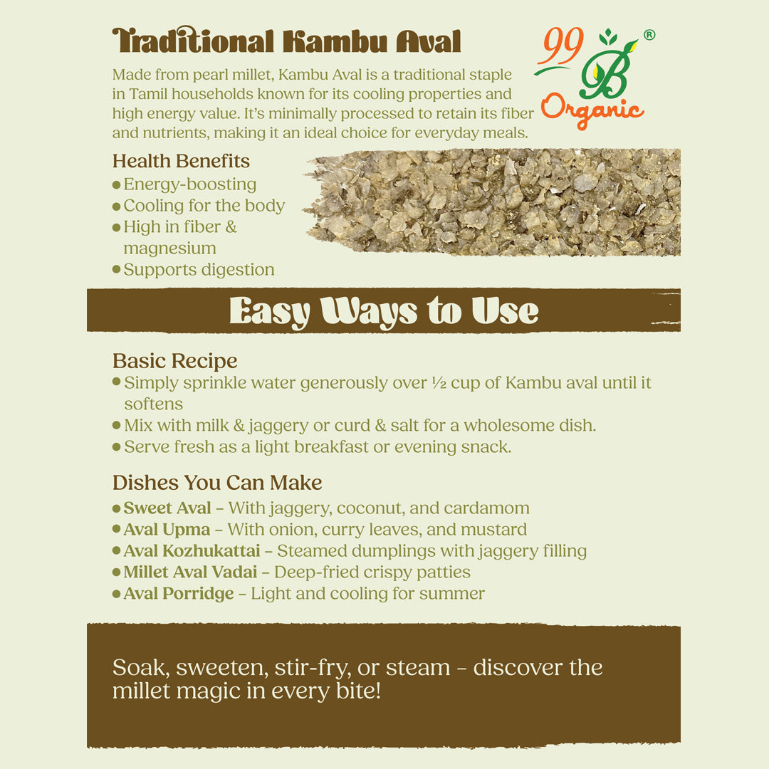 Organic kambu aval pearl millet poha 200g traditional healthy breakfast by 99B Organic