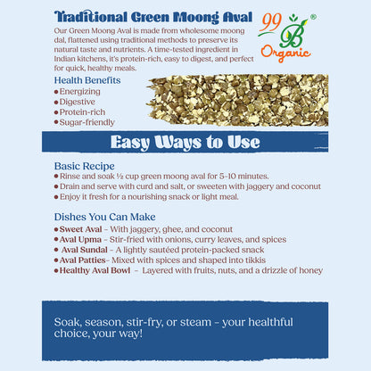 Organic green moong poha moong flakes 200g protein rich healthy breakfast by 99B Organic