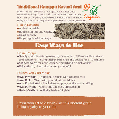Organic karuppu kavuni poha black rice flakes 200g antioxidant rich breakfast by 99B Organic