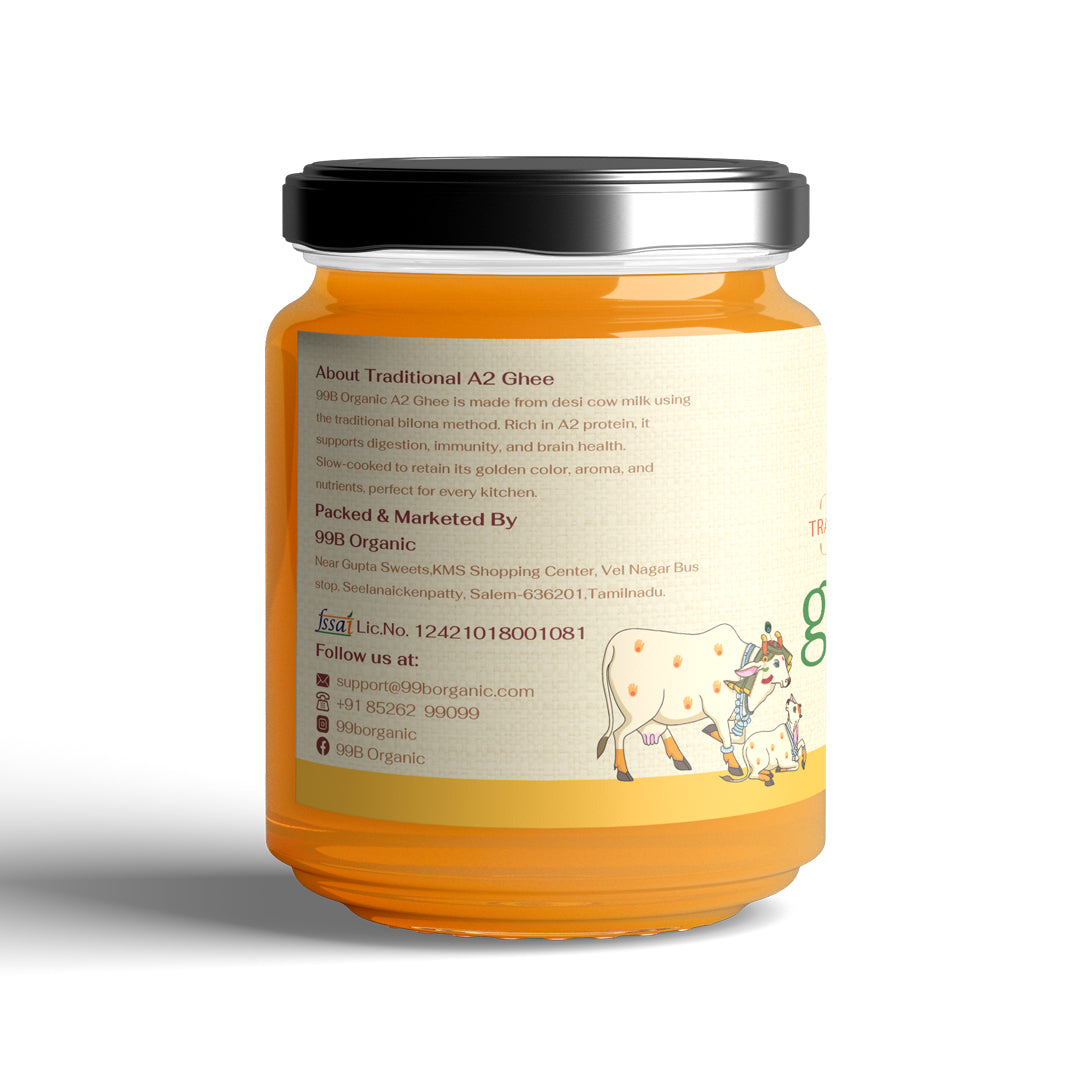 Shop organic A2 ghee online at 99B Organic. Explore traditional bilona desi cow ghee made from naattu maadu milk for healthy cooking and wellness.