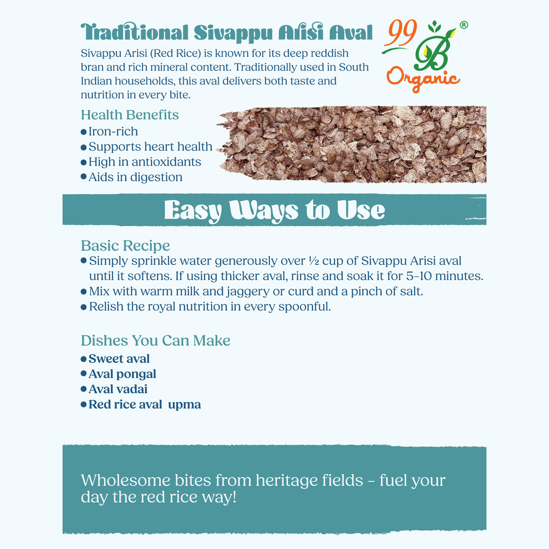Organic sivappu arisi poha red rice flakes 200g healthy aval by 99B Organic