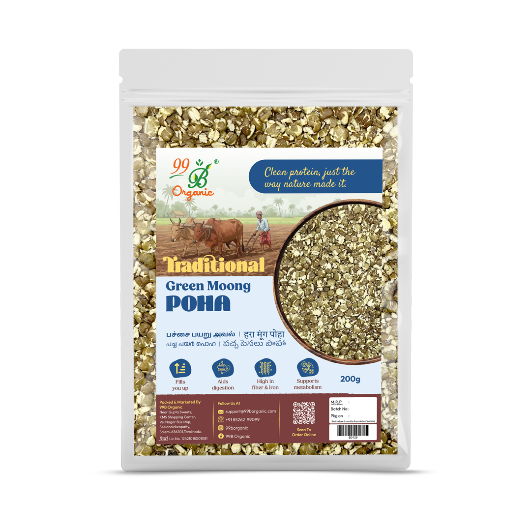 Organic green moong poha moong flakes 200g protein rich healthy breakfast by 99B Organic