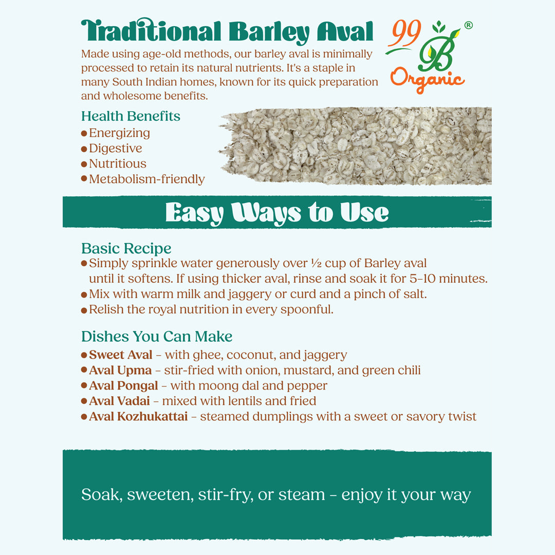 Organic barley poha wholegrain flakes 200g healthy fiber rich breakfast by 99B Organic