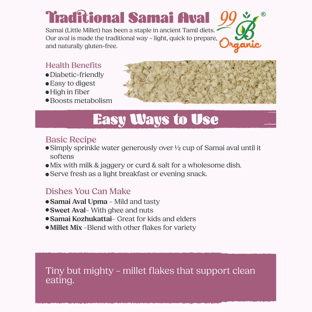 Organic samai aval little millet poha 200g nutritious millet flakes by 99B Organic