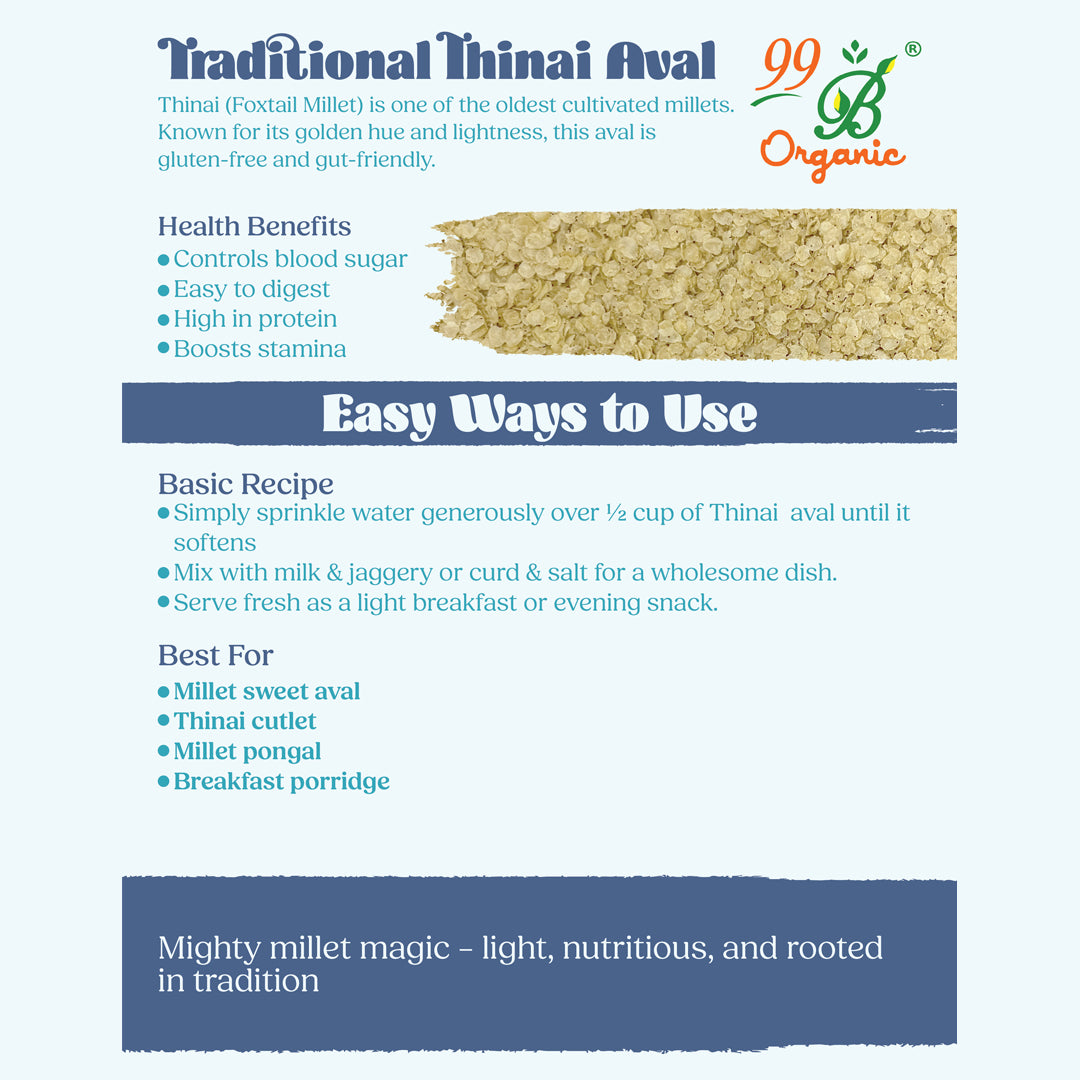 Organic thinai aval foxtail millet poha 200g healthy millet breakfast by 99B Organic