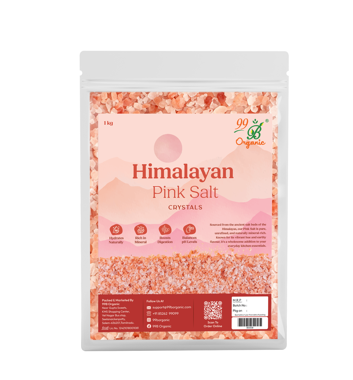 Himalayan pink salt crystal 1kg natural unrefined rock salt by 99B Organic